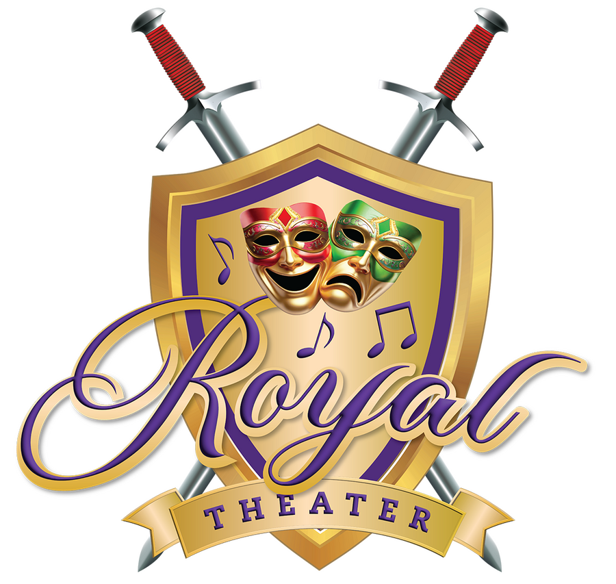 Royal Theater crest with music notes and theater masks. Crossed swords behind the crest.